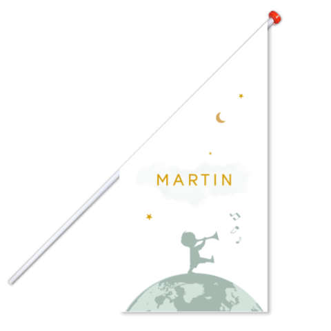 geboortevlag jongetje met trompet wereldbol