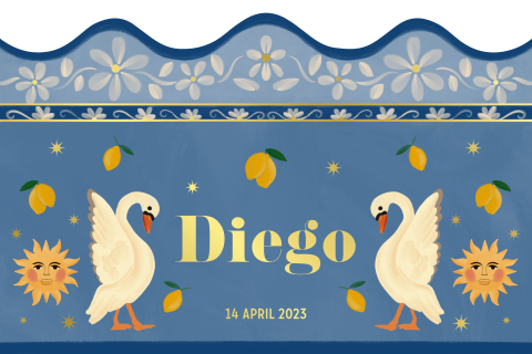Geboortekaartje zwanen, citroenen, zon en bloemen in blauw