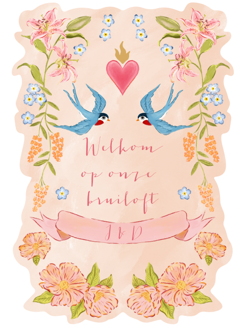 Welkomstbord blauwe zwaluw en bloemen