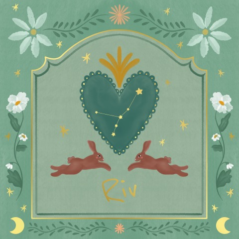 Geboortekaartje hart met bloemen en konijn groen