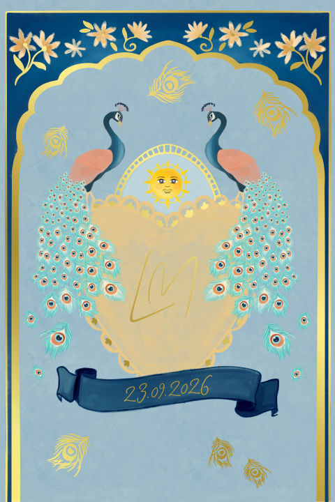 Trouwkaart pauwen blauw