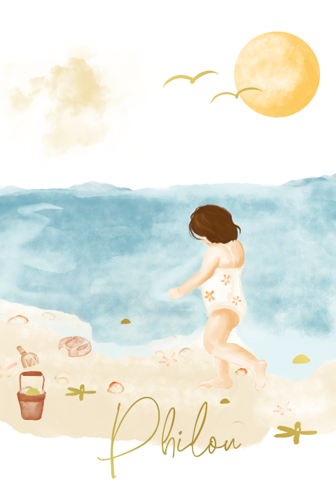 Geboortekaartje brunette op het strand