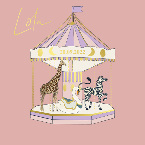Geboortekaartje carrousel met dieren roze en lila