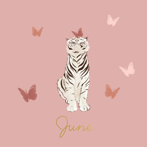 Geboortekaartje witte tijger en vlinders roze