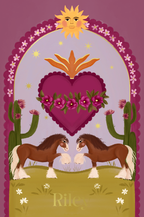Geboortekaartje paarden en cactus roze