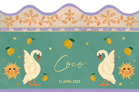 Geboortekaartje zwanen, citroenen, zon en bloemen in aqua met lila