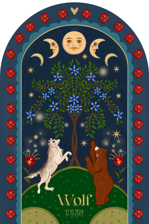 Geboortebord de wolf en de beer blauw
