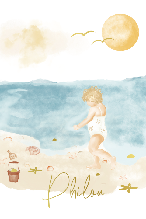 Geboortekaartje blond meisje met krullen op het strand
