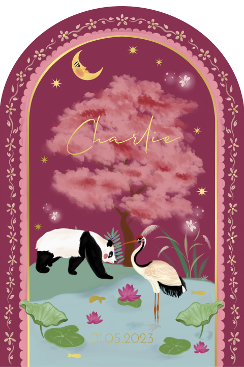 Geboortekaartje panda en kraanvogel roze