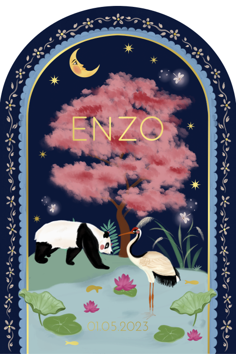 Geboortekaartje panda en kraanvogel blauw