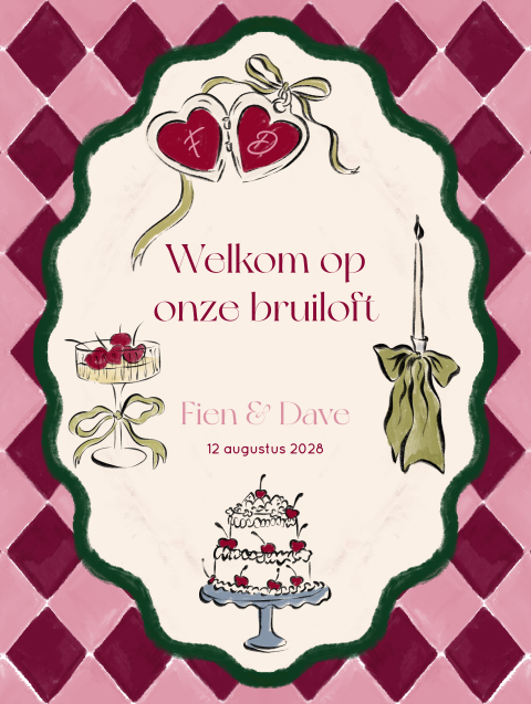 Welkomstbord ruitjes rood roze