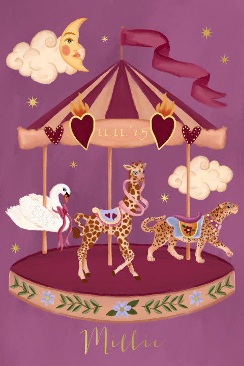 Geboortekaartje circus carrousel roze