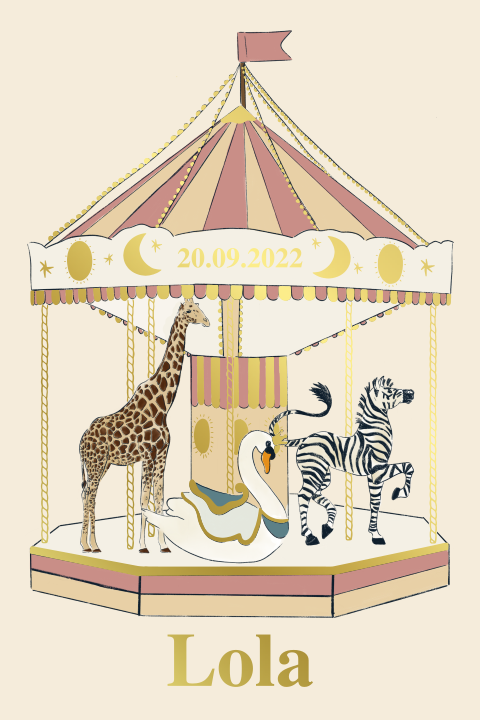 Geboortekaartje carrousel met dieren roze