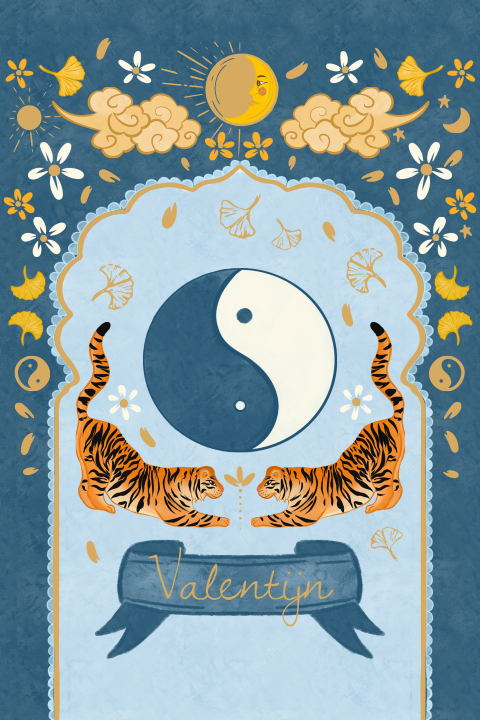 Tuinbord liggende tijgers Yin yang blauw 40x60 cm