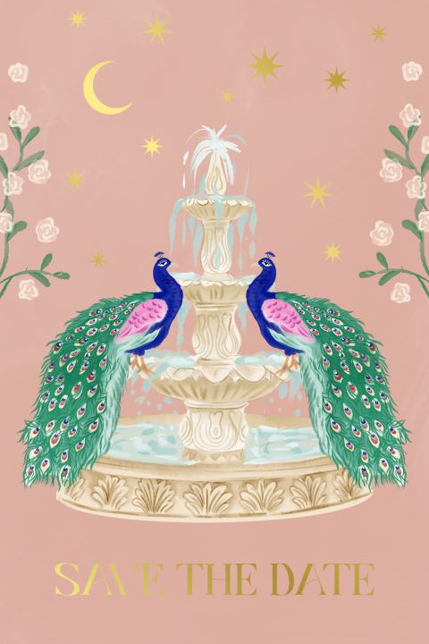 Save the date pauwen fontein roze