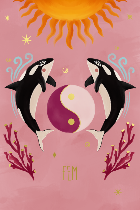 Geboortekaartje orka en yin yang roze