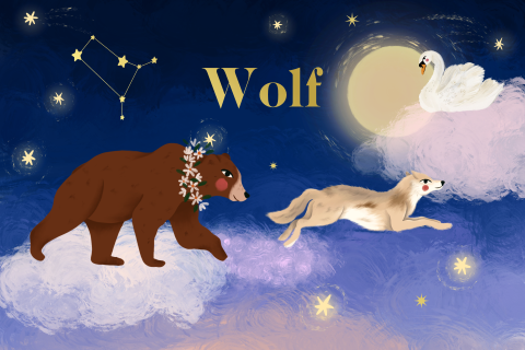 Geboortekaartje sprookjes droom beer, wolf en zwaan