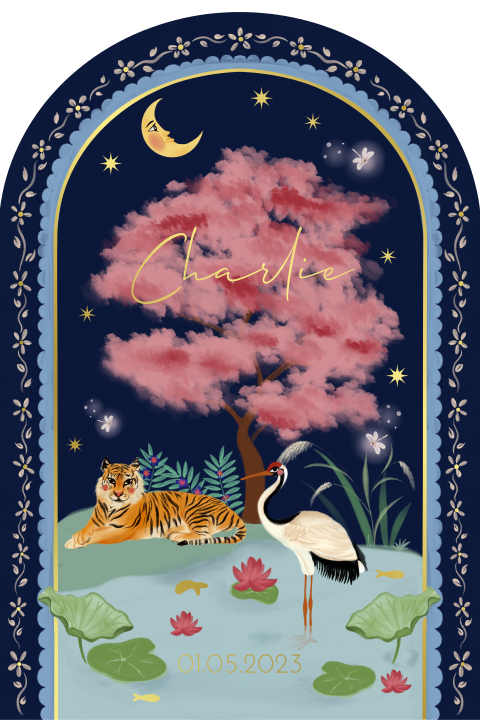 Geboortekaartje tijger en kraanvogel blauw