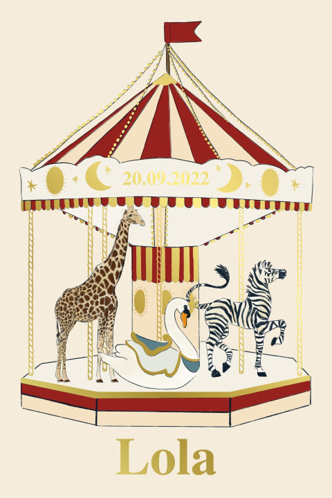 Geboortekaartje carrousel met dieren rood