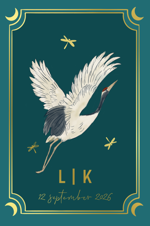 Trouwkaart kraanvogel petrol blauw