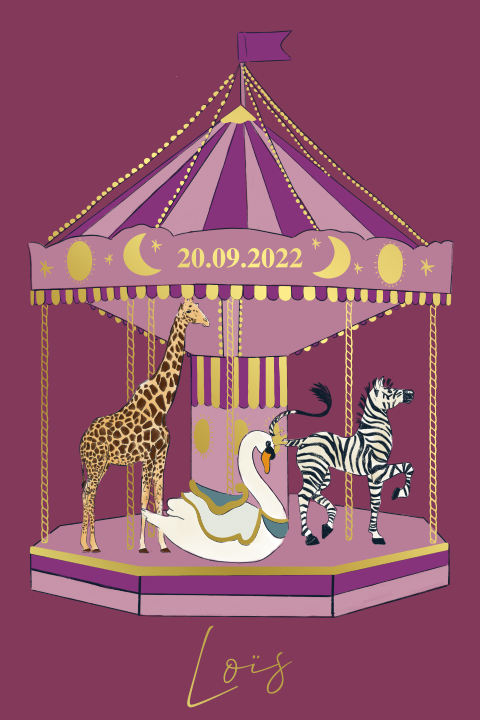 Geboortekaartje carrousel met dieren paars