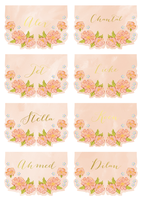 Naamkaartjes bloemen peach