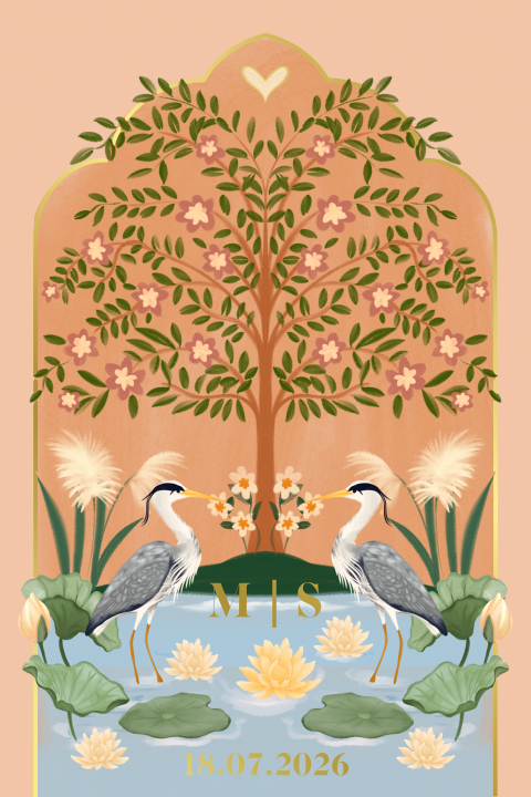 Trouwkaart reigers bij de vijver perzik