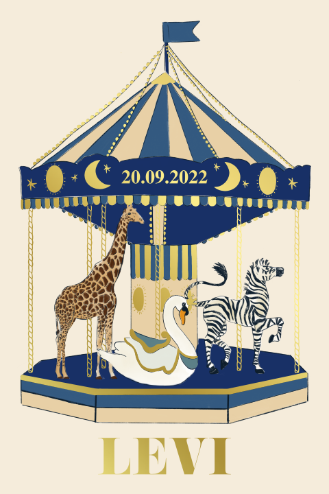 Geboortekaartje carrousel met dieren blauw