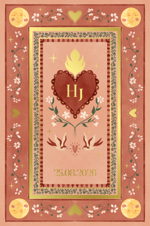 Trouwkaart bohemian zwaluwen en bloemen roze
