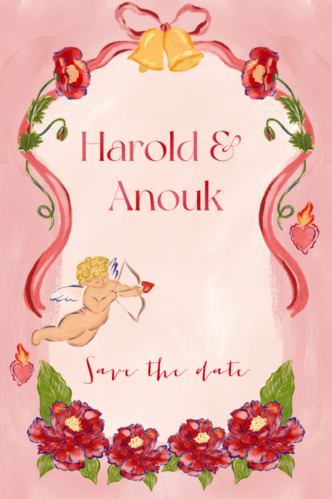 Save the date cupido en bloemen