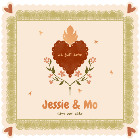 Trouwkaart hart met bloemen beige en groen