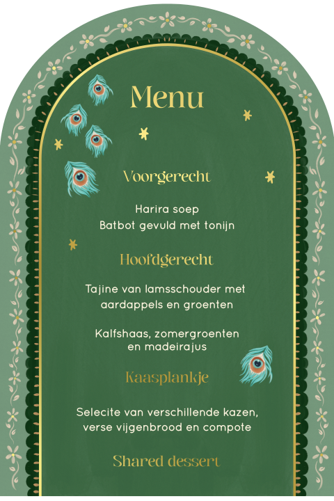 Menukaart pauw en bloemen groen