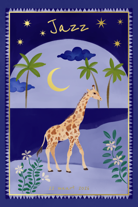 Poster giraffe in de woestijn blauw