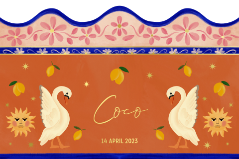 Geboortekaartje zwanen, citroenen, zon en bloemen in terra met blauw