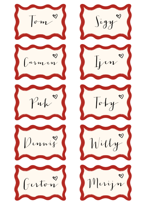 Naamkaartjes gegolfde rand beige rood