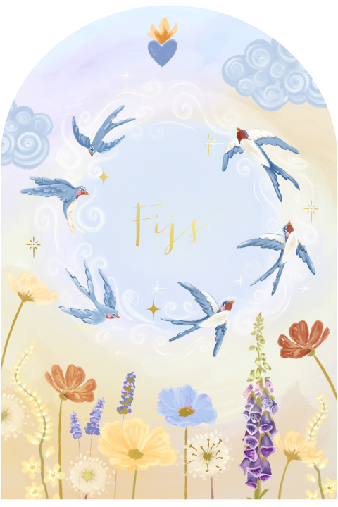Geboortekaartje zwaluw en bloemen blauw