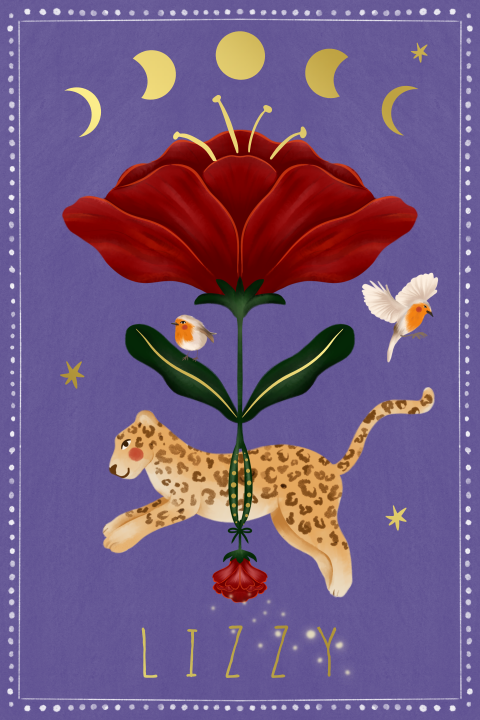 Poster luipaard met bloemen luchtballon paars