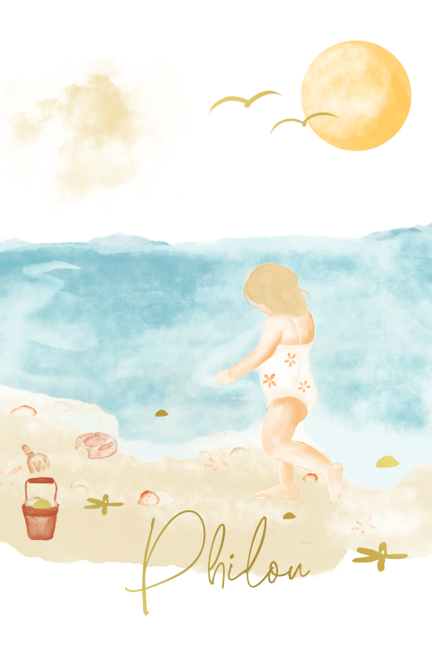 Geboortekaartje blond meisje op het strand