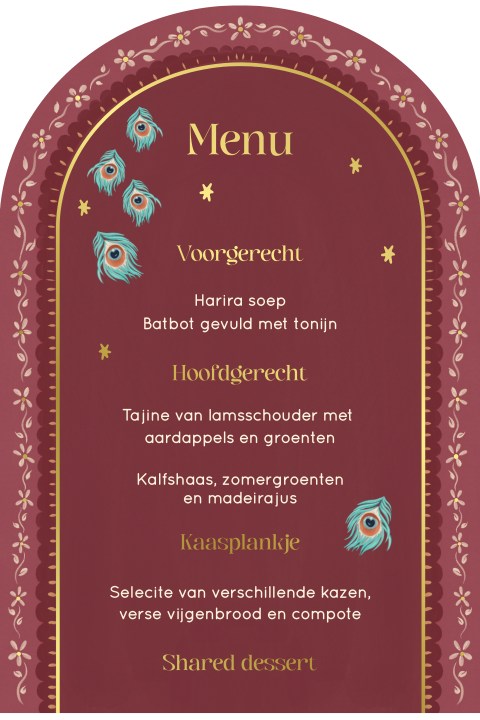 Menukaart pauw en bloemen rood