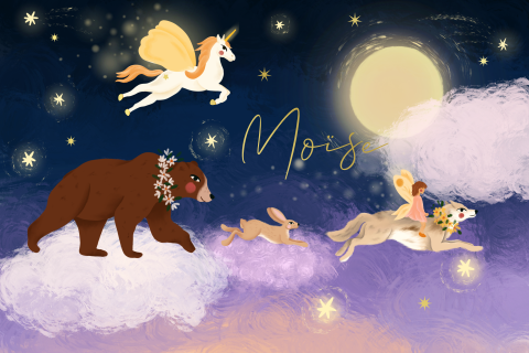 Geboortekaartje sprookjes droom beer, unicorn, konijn en wolf
