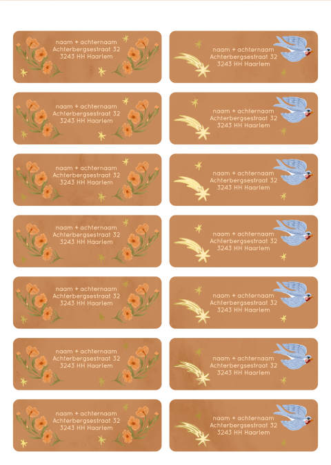 Adresstickers bloemen en vogel roest