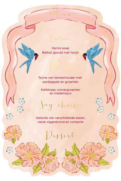 Menukaart blauwe zwaluw en bloemen