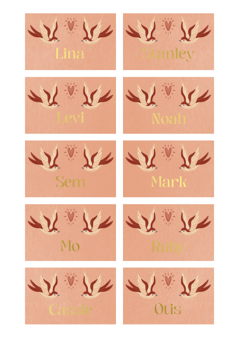 Naamkaartjes zwaluwen en hart roze