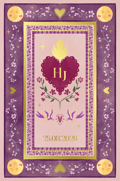 Trouwkaart bohemian zwaluwen en bloemen paars