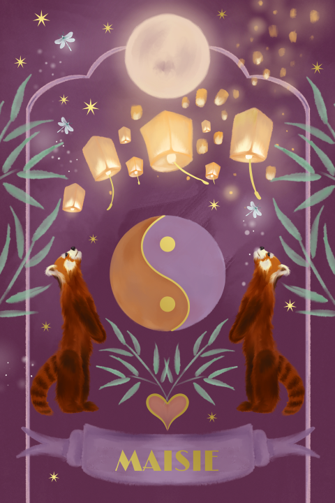 Poster rode panda en lampionnen paars