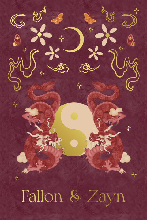 Trouwkaart draken met yin yang rood