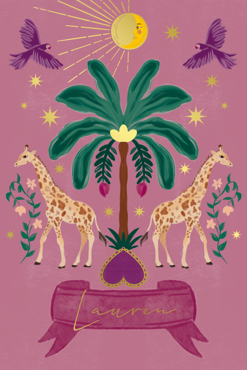 Geboortekaartje giraffen en de palmboom roze