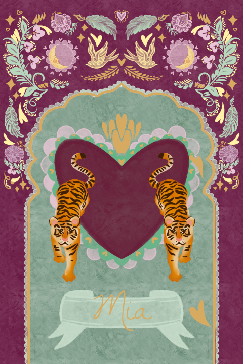 Tuinbord lopende tijgers en hart paars 40x60 cm