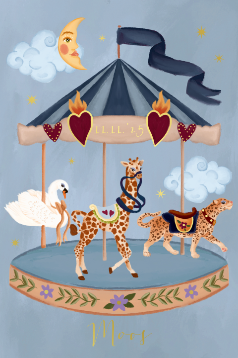 Geboortekaartje circus carrousel blauw