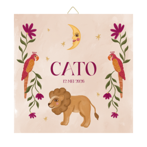 Geboortetegel leeuw en de papegaai rood